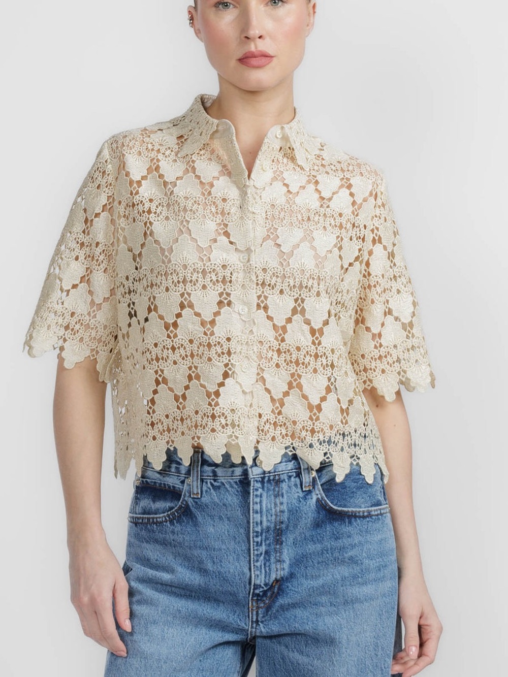 Frame Lace Button Up Shirt — Cream